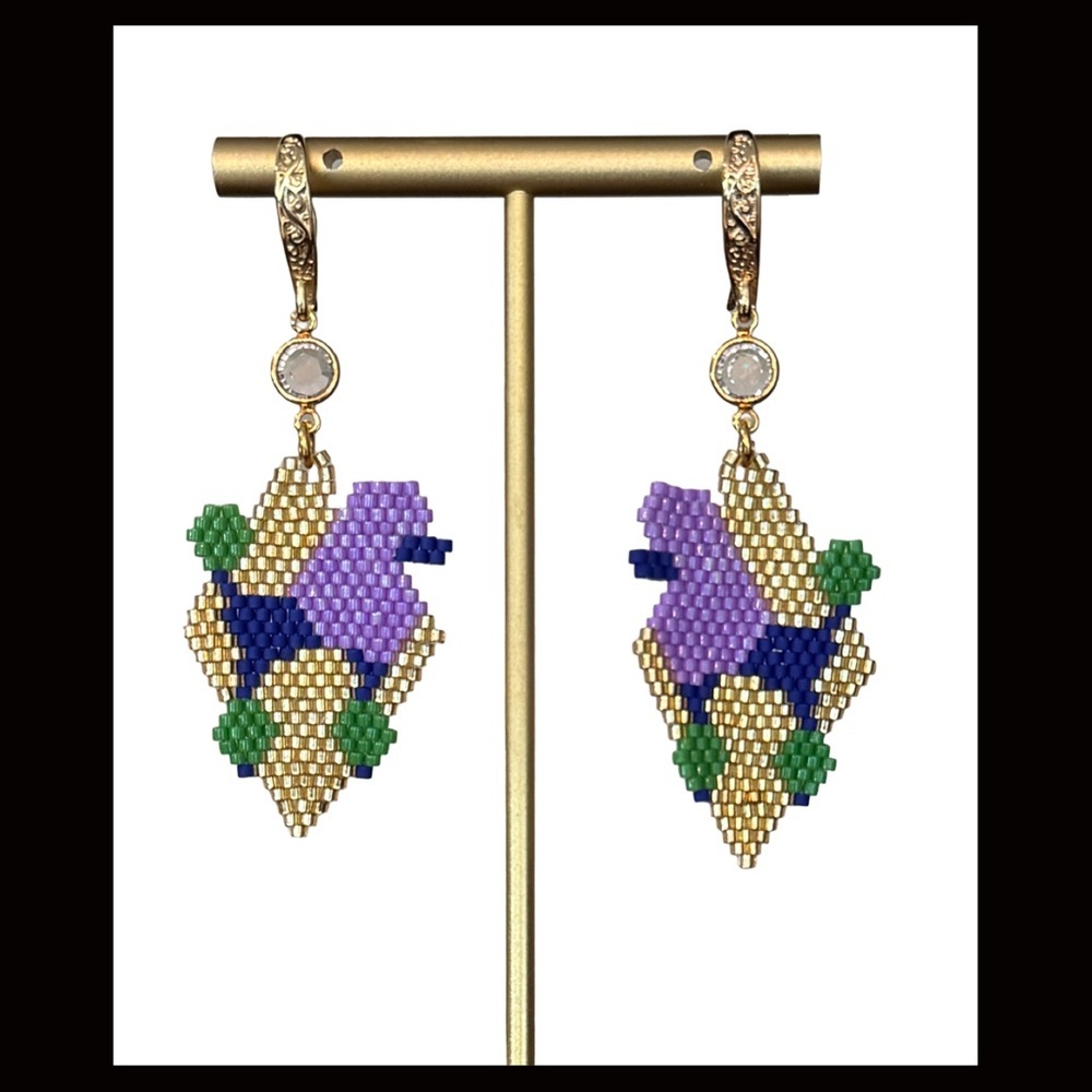 Hand Crafted Purple, Green, Blue and Gold Show Poodle Earrings - Picture 2 of 7